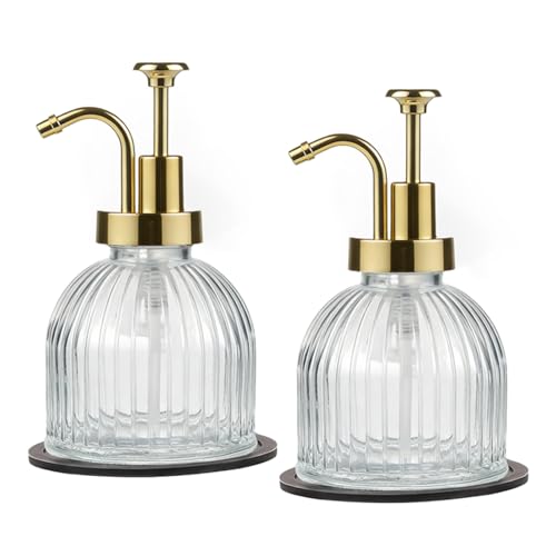 SheeChung 8 Oz Glass Soap Dispenser Bathroom, Clear Liquid Hand Soap Dispenser with Pump, Refillable Dish Soap Dispenser for Kitchen, Cute Modern Stripes Lotion Bottle, Shampoo (Gold Pump, 2 Pack) - color: Clear-gold Pump, 2 Pack