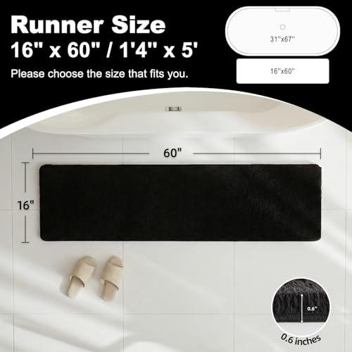 TYUU Black Bathroom Runner Rugs, Ultra Soft Long Bath Mat Machine Washable Super Absorbent Quick Dry Bathroom Runner Rug 16 x 60 Non Slip, Black 16" x 60" - color: Black, size: 16" x 60"