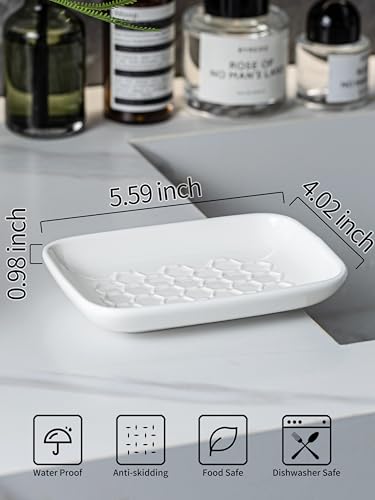 Gomakren Soap Dish for Shower, Ceramic Bar Soap Holder with Honeycomb Design, Soap Saver Tray for Bathroom Kitchen Sink, Sponge & Organizer Tray, Upscale Look, 5.5 Inch, White - color: White, size: Honeycomb