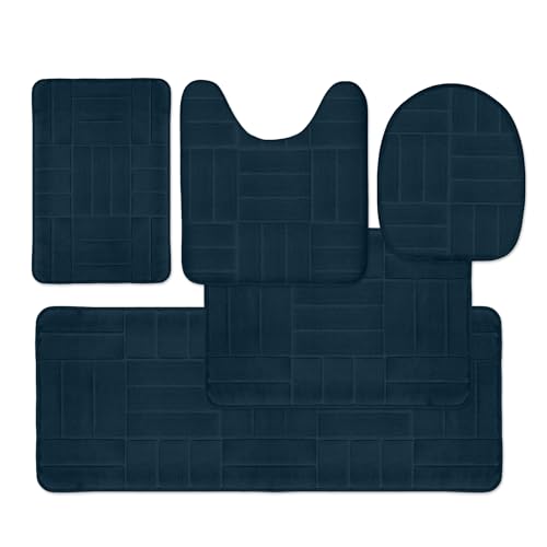 Bathroom Rug Set 5 Piece - Memory Foam Bathroom Mat Set, Soft and Comfortable, Non-Slip Thick Absorbent Bath Mats, Machine Washable, Navy Blue - color: Navy Blue/ Line Design
