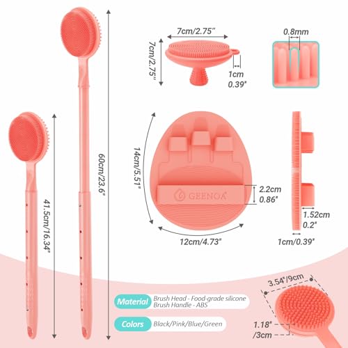 Silicone Back/Face Scrubber & Soft Bath Glove 3PCS, 16''- 24'' Extendable Shower Back Scrubber, 360° Anti-Slip & Hand-fit Silicone Bath Glove, Manual Face Brush for All-Round Cleaning(Pink) - color: Pink*3