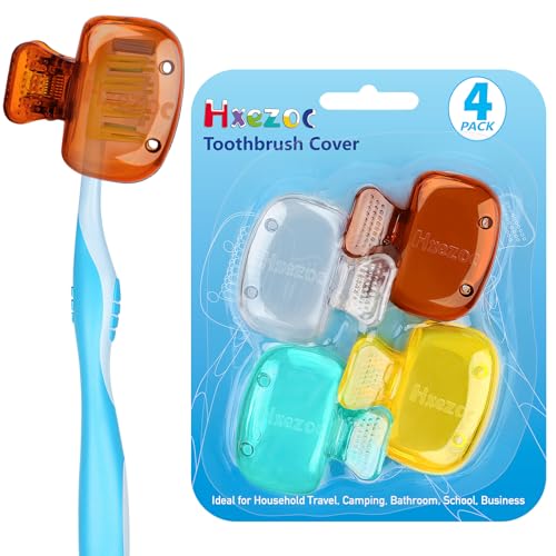 Hxezoc 4 Pack Toothbrush Covers Toothbrush Holders Toothbrush Protector Cap Brush Pod Case Protective Portable Plastic Clip for Household Travel, School, Bathroom, Camping, Business - color: Clear, Yellow, Teal, Brown