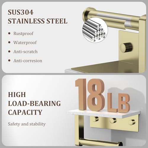 BWE Brushed Gold Toilet Paper Holder with Marble Shelf, Toilet Paper Roll Holder Wall Mounted, Toilet Paper Roll Holder with Phone Shelf 304 Stainless Steel Tissue Holder for Bathroom Washroom - color: Brushed Gold