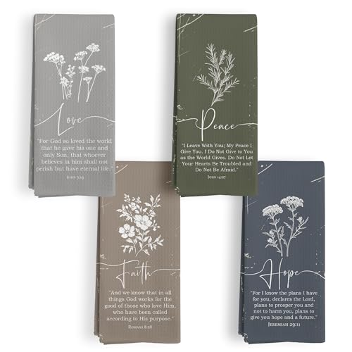Boho Christian Floral Kitchen Towels,Faith Love Peace Hope Bible Verse Floral Kitchen Towel Decorative Set,Christian Gifts for Women,Vintage Boho Flower Hand Dish Tea Towels for Bathroom Decor - color: Bible Floral Set -1