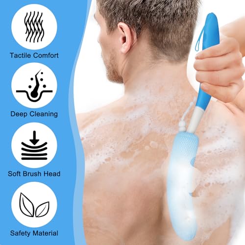 Back Scrubber for Shower, 15.35" Long Handle Shower Brush for Body, Back Brush for Shower for Men Women, Long Handled Bath Sponge for Deep Clean, Exfoliating, Anti-Slip Curve Handled Back Scrubber - size: Blue-Blue