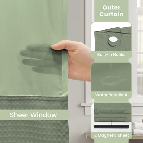 Inhousolu No Hook Shower Curtain with Snap-in Fabric Liner, Waffle Weave 230 GSM Polyester, Weighted Hem, Water Repellent Washable, Mesh Top Window 72" W x 78" L Sage Green - color: Sage Green, size: 72"W x 78"L (Pack of 1)