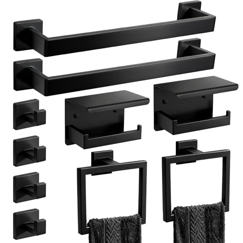 Matte Black Bathroom Hardware Accessories Set, Stainless Steel Towel Racks for Bathroom, 16 Inch Towel Bar, Towel Holders, Updated Toilet Paper Holder with Shelf Wall Mounted(10-Pieces) - color: Black, size: 10 Pieces