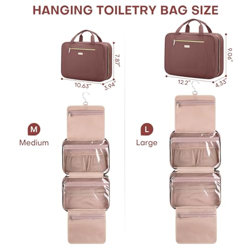 Hanging Toiletry Bag for Women Travel, 2 Sizes Large & Small Waterproof Cosmetic Organizer with 4 Compartments, Rotating Hook, Foldable Pink Travel Bag for Toiletries & Makeup Red Sandalwood - color: Rosewood, size: Medium