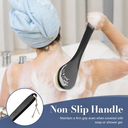 Back Scrubber for Shower, Shower Body Brush for Cleaning with Long Handle for Showering, 17 Inch Back Washer Exfoliator for Shower Men Women with Non-Slip Handle, Adhesive Hook (Black-Boar Bristles) - size: Black - Boar Bristles
