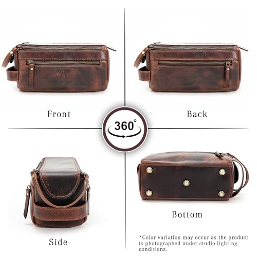 Premium Handmade Genuine Leather Toiletry Bag for Men & Women, Dopp Kit & Shaving Travel Organizer, Cosmetic Wash Bag with Zipper Pocket Travel Pouch, Gift for Him & Her - Dark Brown - color: Dark Brown (Large)