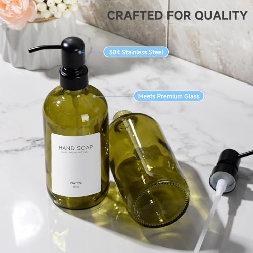 2 Pack Kitchen Soap Dispenser Set - 16oz Green Glass Dish and Hand Soap Dispenser with Stainless Steel Pump, Instant Dry Tray, Dish Brush & Holder, Refillable Countertop Sink Decor for Kitchen & Bath - color: Green