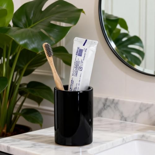 Glossy Black Ceramic Toothbrush Holders for Bathroom Countertop, 2 Pack | Compact cylinder saves counter space on sinks, vanities, shelves, and guest baths. - size: 2pcs