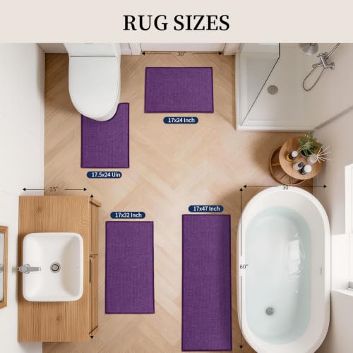 YIHOUSE Purple Bathroom Rugs Sets 4 Piece, Quick Dry Thin Bath Mat with Toilet Rug, Non Slip Absorbent Machine Washable, Bath Runner Rugs for Bathtub Sink Home Decor - color: Purple, size: 4 pieces