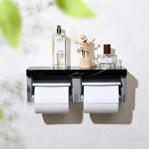 Matte Black Marble Twin Toilet Paper Holder, Modern Silver Wall Mount Dual Toilet Paper Holder with Phone Shelf, Slim Marble Toilet Paper Dispenser - color: Marble Black&silver, size: Full