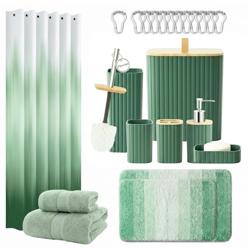 Bathroom Accessories Set - Bathroom Set with Shower Curtain and No Slip Rugs, Trash Can, Toilet Brush Holder Set, Soap Dispenser & Bath Towels - Stylish Bath Decor for Home, Apartment, Green, 25PCS - color: Green