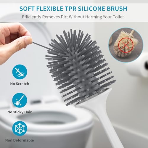 Silicone Toilet Brush and Holder Set, Toilet Bowl Brush with Tweezers Long Handle, Toilet Cleaner Brush for Bathroom Deep Cleaning, Elegant Toilet Scrubber Bathroom Accessories (Light Gray) - color: Light Gray