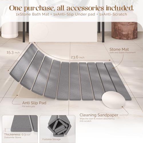 Stone Bath Mat for Bathroom – Roll-Up & Foldable | 23.62" x 15.75" | Quick Drying & Super Absorbent | Long Diatomite Stone Drying Mat for Kitchen| Non-Slip | Durable | Gray - color: Grey