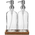 Clear Glass Soap Dispenser Set with Acacia Wood Tray, Refillable Hand Soap Pump Bottle for Kitchen, Bathroom Countertop, Modern Farmhouse Soap Dispenser Set - color: Clear