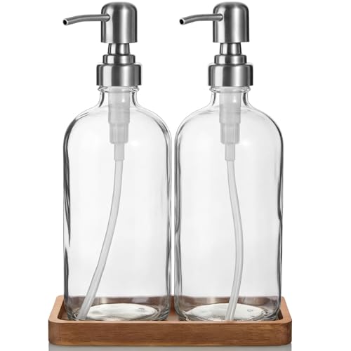 Clear Glass Soap Dispenser Set with Acacia Wood Tray, Refillable Hand Soap Pump Bottle for Kitchen, Bathroom Countertop, Modern Farmhouse Soap Dispenser Set - color: Clear