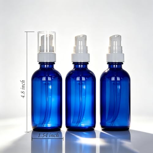 12Pack 2oz Blue Glass Pump Bottles, 60ml with White Pump, Empty Refillable Travel Small Container For Lotion Cream Essentil Oil Shampoo (2oz Blue) - size: 2oz Blue