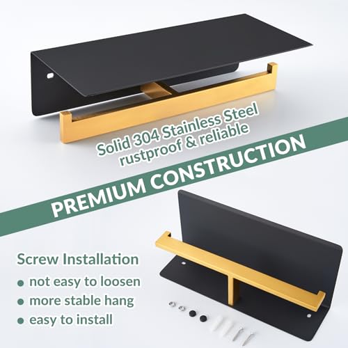 APLusee Double Toilet Paper Holder with Phone Shelf, 304 Stainless Steel Bathroom Tissue Hanger, Wall Mounted Dual Roll Paper Dispenser, Black & Gold - color: Black With Gold, size: Double Rod