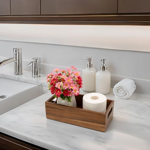 Natural Acacia Hardwood Bathroom Tray with Handles for Organizing Toiletries and Accessories - 12.25L x 6W in on Countertop, Shelf, or Tank Top Storage - size: 12.2" x 6" x 3.3"