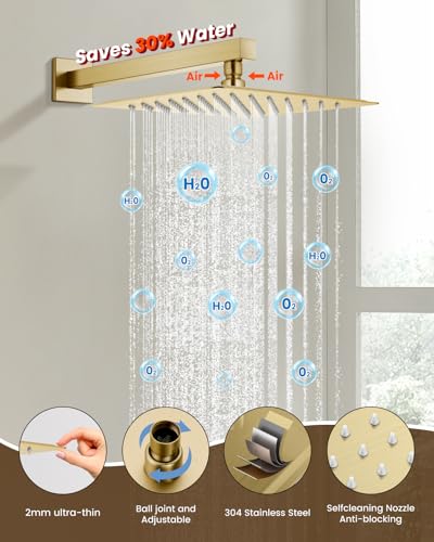 gotonovo Shower System with Tub Spout,Waterfall Tub Shower Faucet Set for Bathroom Head and Handle Set Wall Mounted 3 Function Rough-in Valve and Trim Included 12 inch Shower Head Brushed Gold - color: Brushed Gold, size: 12 inch Shower Head