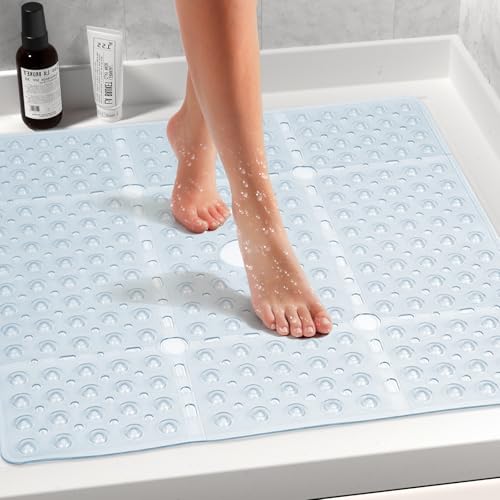 Large Square Shower Mat 27 x 27 Inch Clear, Non Slip Shower Bathtub Mats for Inside Shower With Big Suction Cups Drain Holes, Anti Slip Bathroom Floor Shower Stall Mats, Easy Clean, BPA-Free - color: Clear