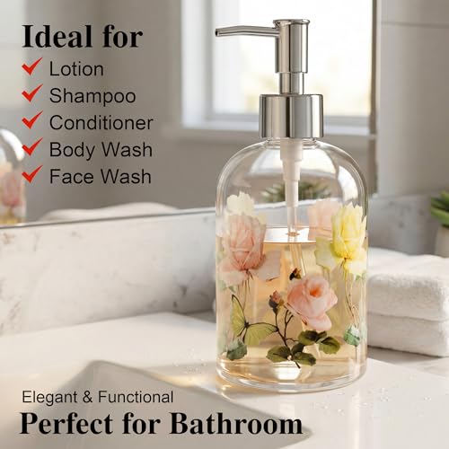 Topadorn 17oz Glass Soap Dispenser with Pump, Refillable Hand & Dish Soap Dispenser, Decorative Floral Bathroom Soap Dispenser for Kitchen, Lotion & Hand Soap - color: Pink