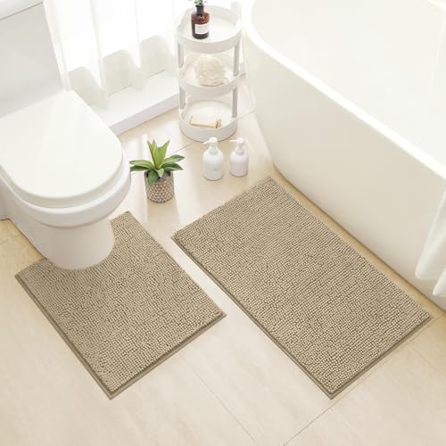 HOMEIDEAS Bathroom Rugs Set 2 Pieces, Ultra Soft Non Slip Absorbent Chenille Toilet Bath Mat Set (Taupe) - color: Brown-taupe, size: 1'8" x 2'8" (U Shape 20"x24"+20"x32")