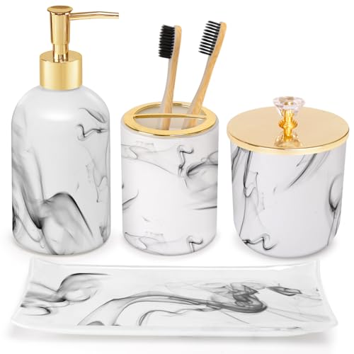 Haturi Bathroom Accessories Set, 4 Pcs Marble Look Sets Soap Dispenser & Toothbrush Holder Counter Top Restroom Apartment Decor Stuff, Glass Kits, Gift for Women and Men, Ink White - style: White