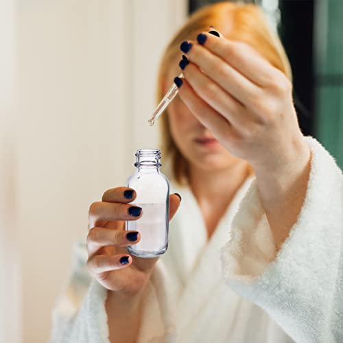 48 Pack 1oz Clear Glass Bottles with Glass Eye Droppers for Essential Oils, Perfumes & Lab Chemicals (Brush, Funnels, 2 Extra Droppers, 54 Pieces Labels & 30ml Measuring Cup Included) - color: Clear-48pack