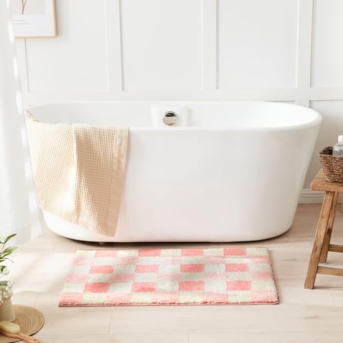 CozeCube Bath mats for Bathroom Non Slip, Fluffy Absorbent Microfiber Bath mat Washable, Aesthetic Bathroom Rugs, Cute Blossom Pink Checkered Bath mat, Blossom Pink, 32" x 20" - color: Checkered-blossom Pink, size: 2'8" x 1'8" (Rectangular)