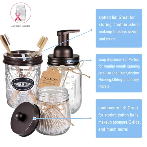 Mason Jar Bathroom Accessories Set(4pcs)-Jars Not Included - Foaming Soap Dispenser and Apothecary Jars Lids for Regular Mouth jar, Wide Mouth Toothbrush Holder lid, Farmhouse Decor-Bronze - color: Bronze, size: 1 Wide Mouth, 3 Regular Mouth