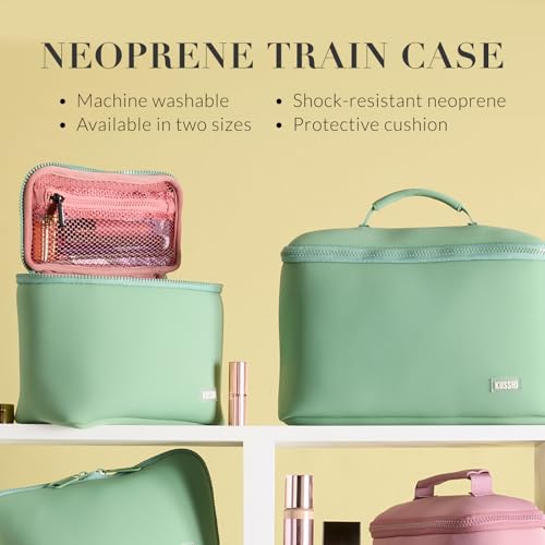 KUSSHI Neoprene Train Case Makeup Bag - Washable Makeup Travel Bag & Vanity Case for Stress Free Travel (Small, Mauve/Stone) - color: Mauve/Stone, size: Small