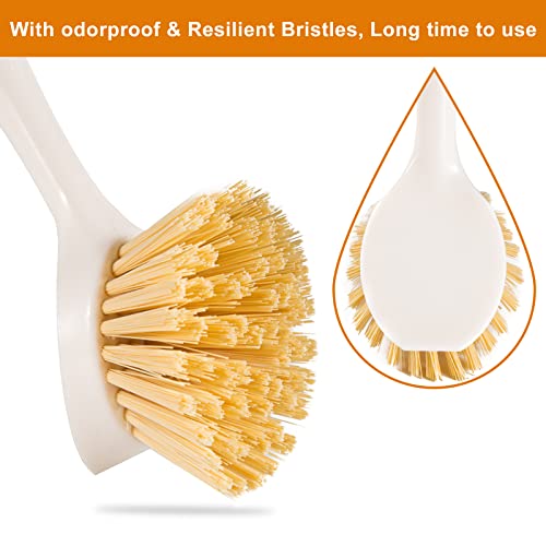 FunCee 2 Pack Kitchen Dish Brushes with Bamboo Handle, Dish Scrubber Built-in Scraper, Scrub Brush for Pans, Pots, Counter & Kitchen Sink Cleaning, Dishwashing and Cleaning Brush Tools, White - color: White