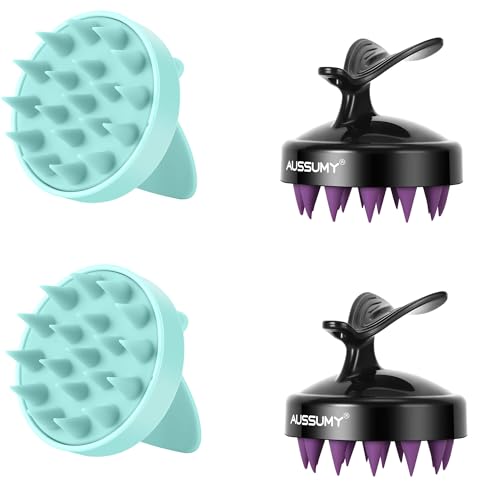 Scalp Massager Shampoo Brush - 4-Pack Scalp Scrubber with Soft Silicone Bristles for Hair Growth & Dandruff Removal & Exfoliator - Ideal for Body Shower & Head Washing for Women Men & Kids - color: Purple+green+purple+green