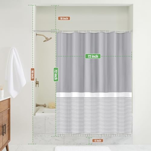 Seasonwood Grey Shower Curtain Modern Fabric Shower Curtains White Tassels Farmhouse Shower Curtains Striped Shower Curtain Waterproof 72x72 Inch - color: Grey, size: 72"W x 72"L (Pack of 1)
