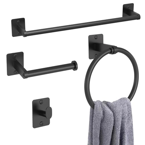KLJKPA Black Bathroom Accessories Set, 4-Piece Bathroom Hardware Set | 16 inch Towel Bar, Towel Racks for Bathroom, Robe Towel Hooks, Toilet Paper Holder Wall Mounted - color: Black (4 Piece), size: 16 inch