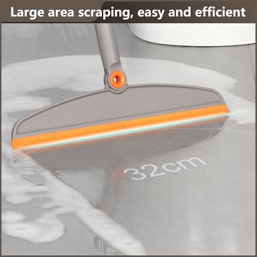 Multifunction 3-in-1 Broom and Dustpan, Silicone broom Squeegee and Scrub Brush Set with Long Adjustable Handle for Indoor & Outdoor Sweeping and Scrubbing, Ideal for Pet Hair, Liquids Spills and Dirt - color: Orange and Grey