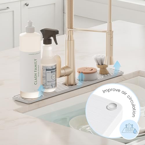 Faucet Mat for Kitchen Sink, Water Absorbing Stone Tray for Sink, 23.6" Long Diatomite Fast Drying Stone Mat, Splash Guard Faucet Mat for Bathroom Counter - color: White