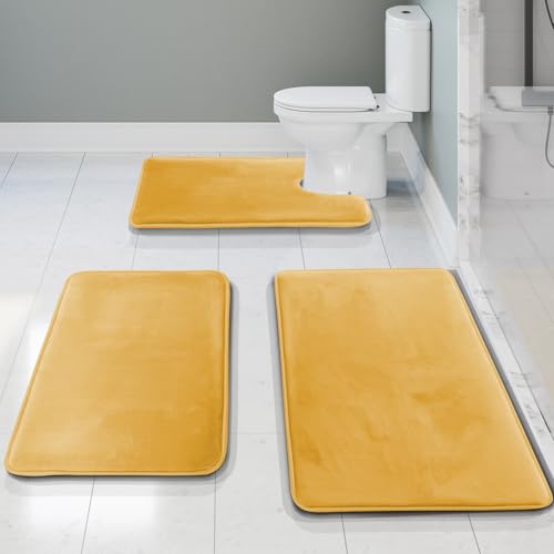 Clara Clark Bathroom Rug Set, 3 Piece Velvet Memory Foam Bath Mats with Non-Slip PVC Backing, Gold - color: Camel Gold, style: 17 x 24 + 20 x 32 + Contour