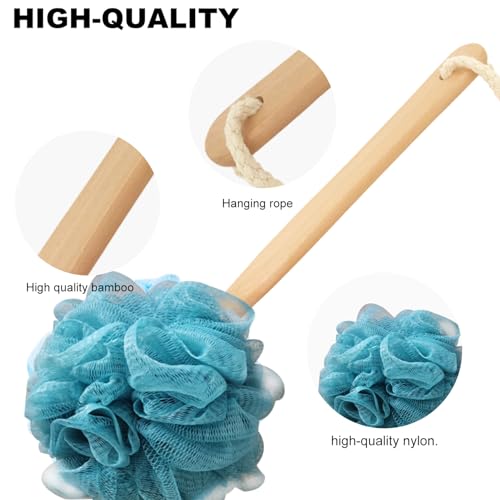 Teal Loofah with Handle - Back Scrubber Shower Sponge, Vibrant Exfoliating Luffa with PE Mesh and Wood Handle, Refreshing Bath Experience for Men and Women - color: Cyan-blue