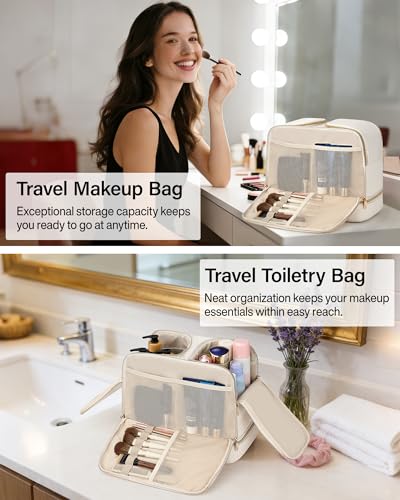 Hanke Travel Toiletry Bag, Lightweight Wide-open Large Toiletry Bags for Women, Dual-Layer Makeup Bag Water-Resistant Cosmetic Travel Bag with Handle for Accessories, Essentials, Off White - color: Off White