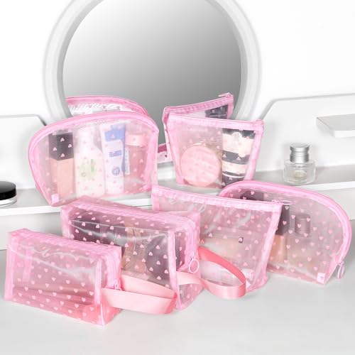 6 Pieces Zipper Mesh Makeup Bags Set, Nylon Cosmetic Bags Portable Clear Toiletry Bas Travel Organizer Bags for Office Travelling Organization (Pink Heart Printed, Assorted Size) - color: Pink Heart Printed