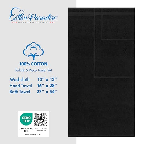 Cotton Paradise 100% Cotton Turkish Towel Set, Soft Absorbent Quick Dry, 6 Piece Towel Set, Coal Black - color: Coal Black, size: 6 PC SET (27x54" + 16x28" + 13x13")
