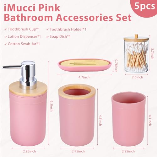 iMucci Bathroom Accessories Set 5Piece Pink Bathroom Sets, Toothbrush Holder, Toothbrush Cup, Lotion Soap Dispenser, Soap Dish and Qtip Holder Bathroom Decor - style: Pink