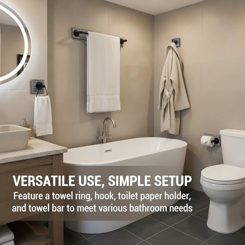MyGift 4 Piece Wall Mounted Bathroom Hardware Set, Rustic Torched Wood and Industrial Matte Black Metal Pipe Towel Ring, Robe Hook, Toilet Paper Holder and Towel Bar - color: Torched Wood