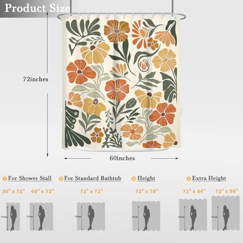 Boho Floral Shower Curtain Cute Colorful Fun Abstract Orange Flower Vintage Bohemian Terracotta Botanical Mid Century Yellow Green Fabric Cloth Bathroom Decor Set 60x72 inch Polyester 12 Hooks - color: Orange, size: 60"W x 72"L (Pack of 1)