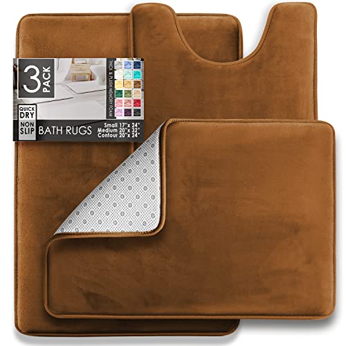 Clara Clark 3 Piece Bathroom Rugs Bath Mat Set, Velvet Memory Foam Bath Mats for Bathroom - Non-Slip, PVC Backing Bath Rugs, Washable - Dries Quickly, Brown - color: Brown, style: 17 x 24 + 20 x 32 + Contour